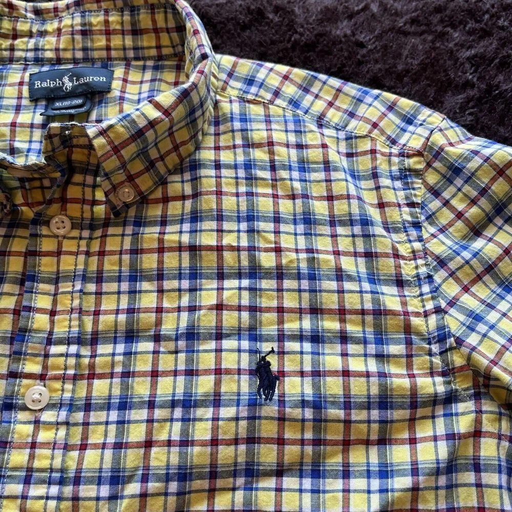 Ralph Lauren Button Down Long Sleeve Shirt Boys‎ Sz XL 18-20 Yellow Blue Plaid